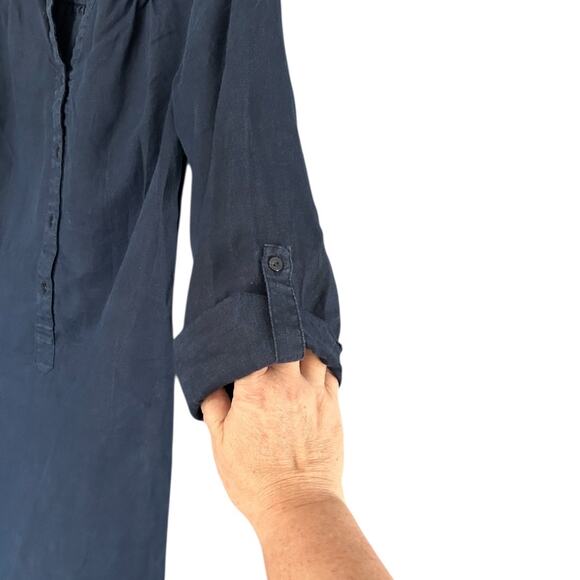 Kenar 100% Linen Shirt Dress Women's Size 6 Navy Button Front Roll-Tab Sleeves - Picture 6 of 8